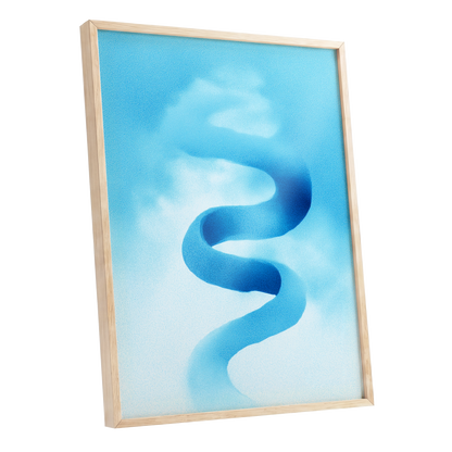 Azure Drift, blue, white, black abstract wall art shown as a oak framed poster wall art print