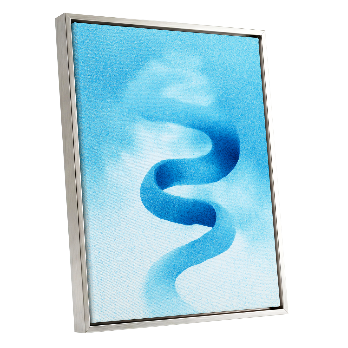 Azure Drift, blue, white, black abstract wall art shown as a silver framed canvas wall art