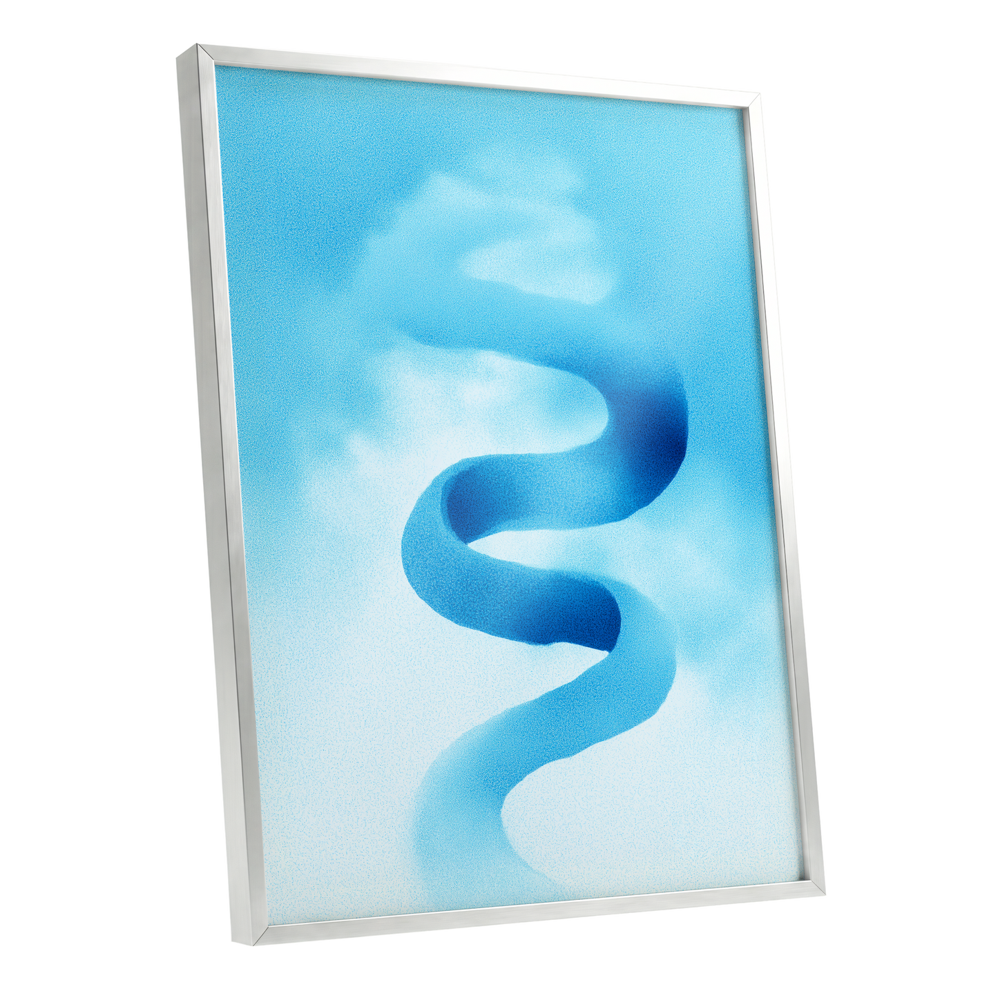 Azure Drift, blue, white, black abstract wall art shown as a silver framed poster wall art print