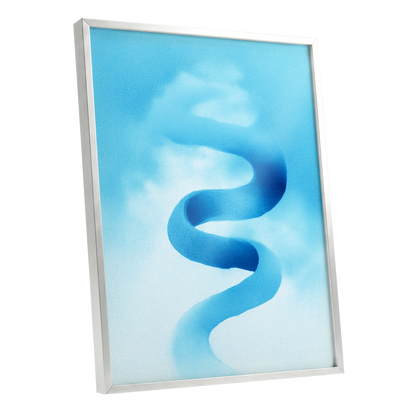 Azure Drift, blue, white, black abstract wall art shown as a silver framed poster wall art print