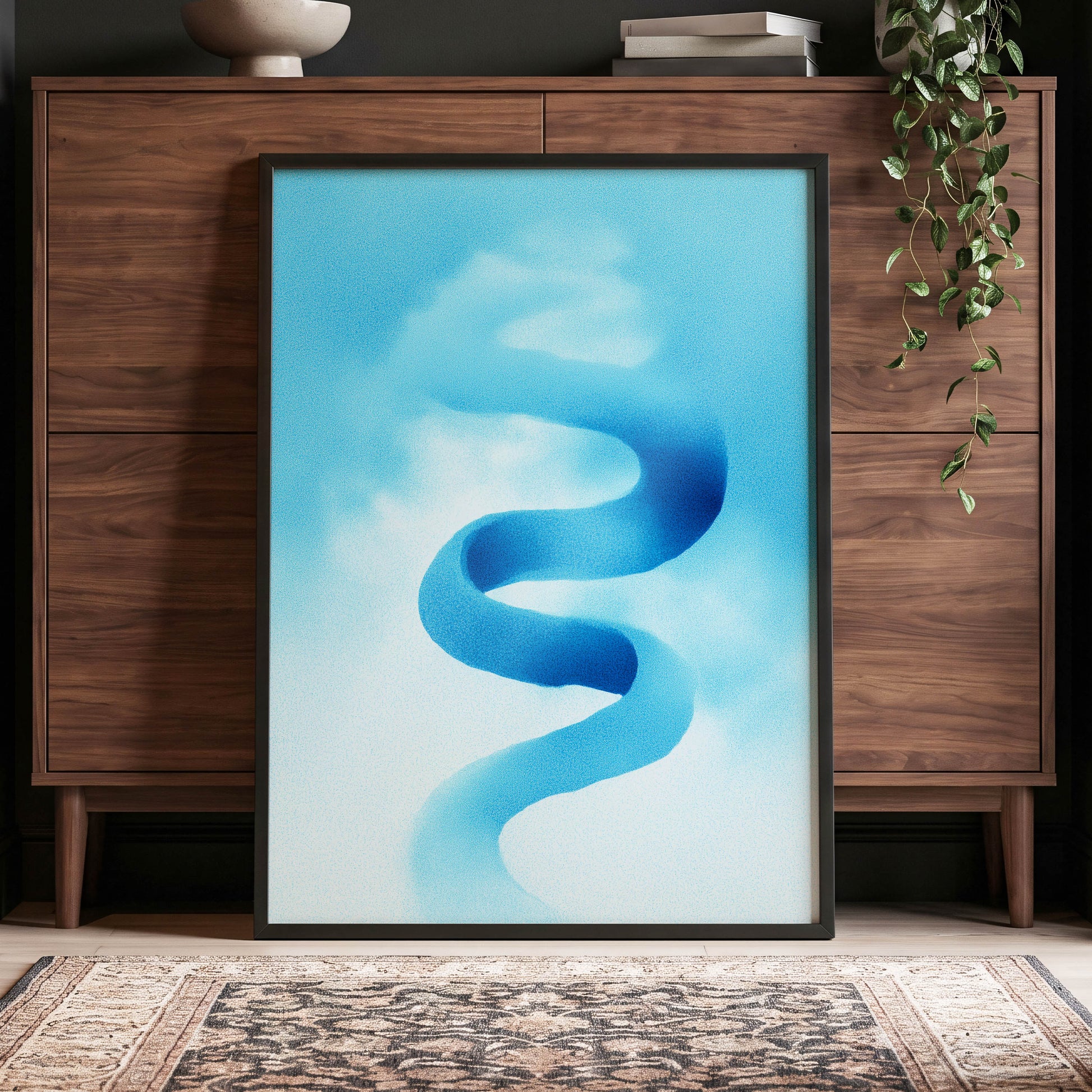 Azure Drift, blue, white, black abstract wall art displayed in a styled interior, gallery view 2