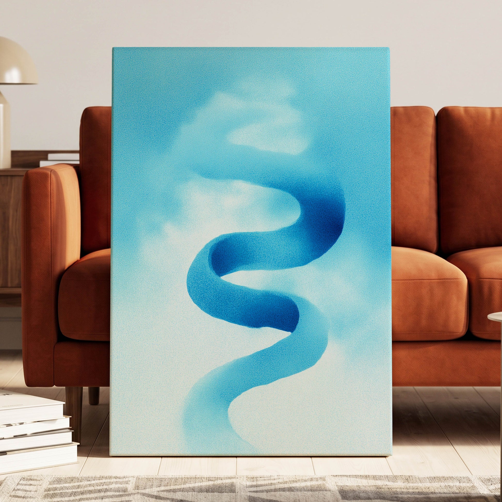 Azure Drift, blue, white, black abstract wall art displayed in a styled interior, gallery view 3