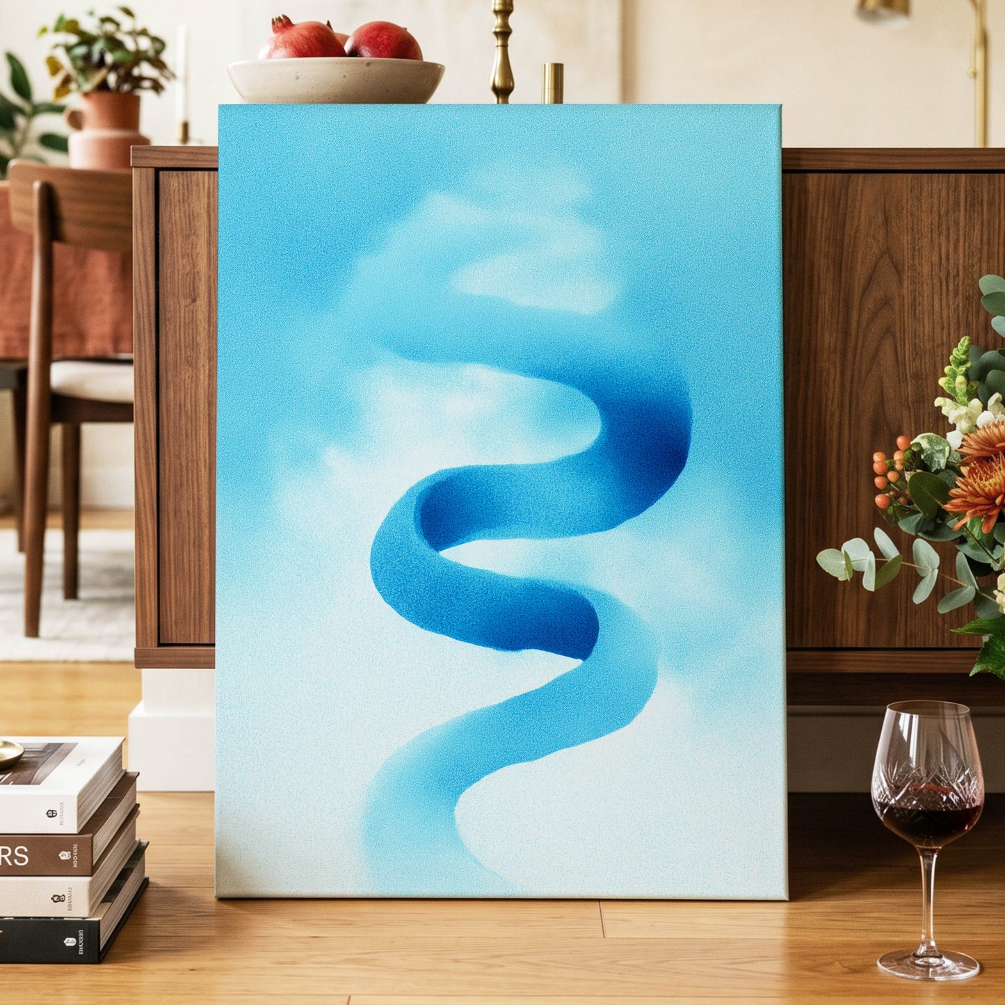 Azure Drift, blue, white, black abstract wall art displayed in a styled interior, gallery view 7