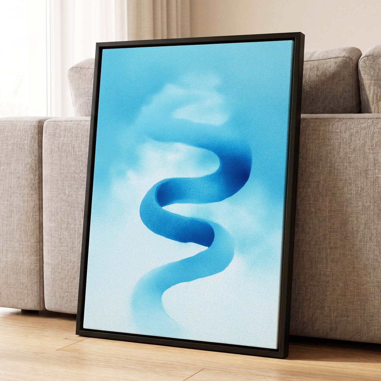 Azure Drift, blue, white, black abstract wall art displayed in a styled interior, gallery view 8