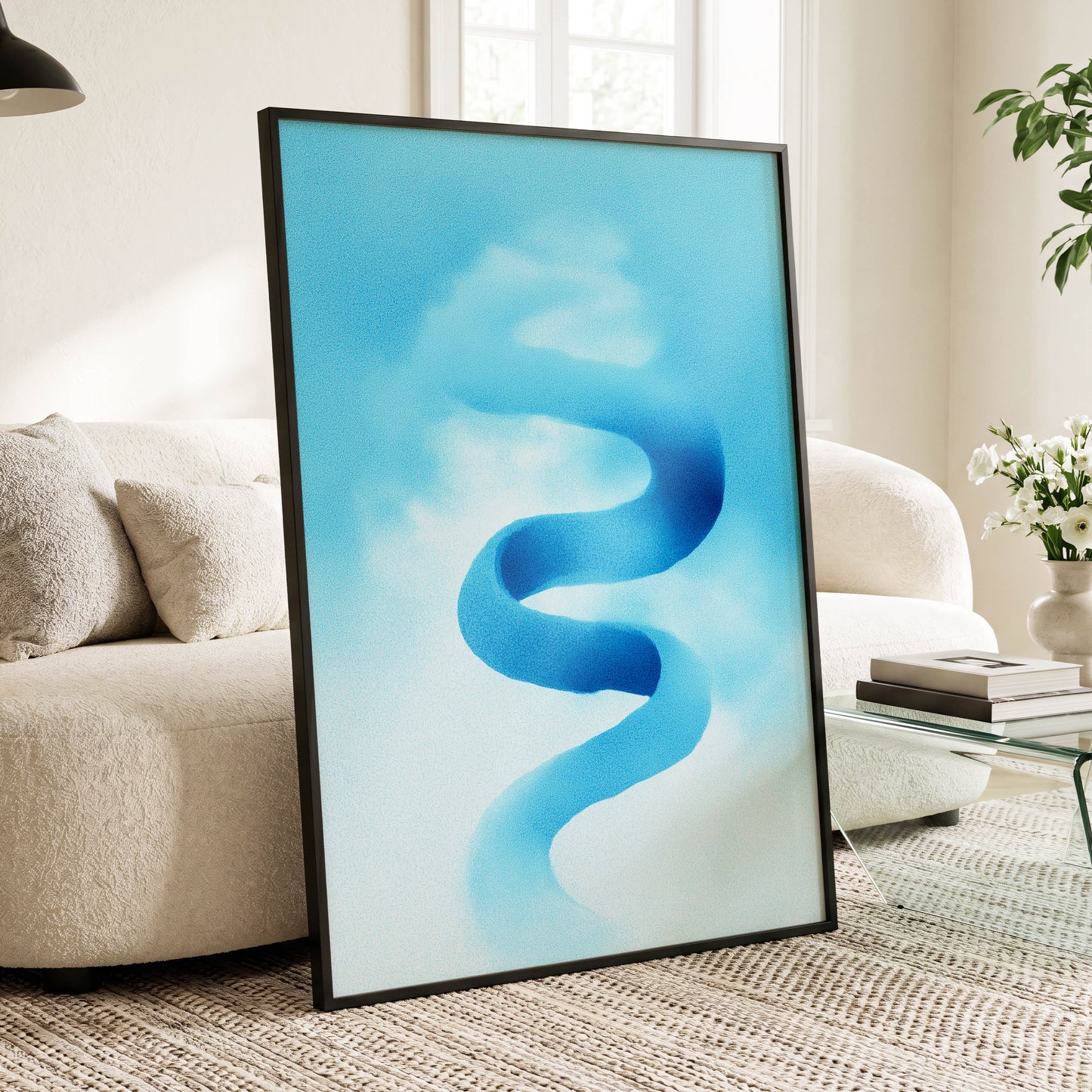Azure Drift, blue, white, black abstract wall art displayed in a styled interior, gallery view 9