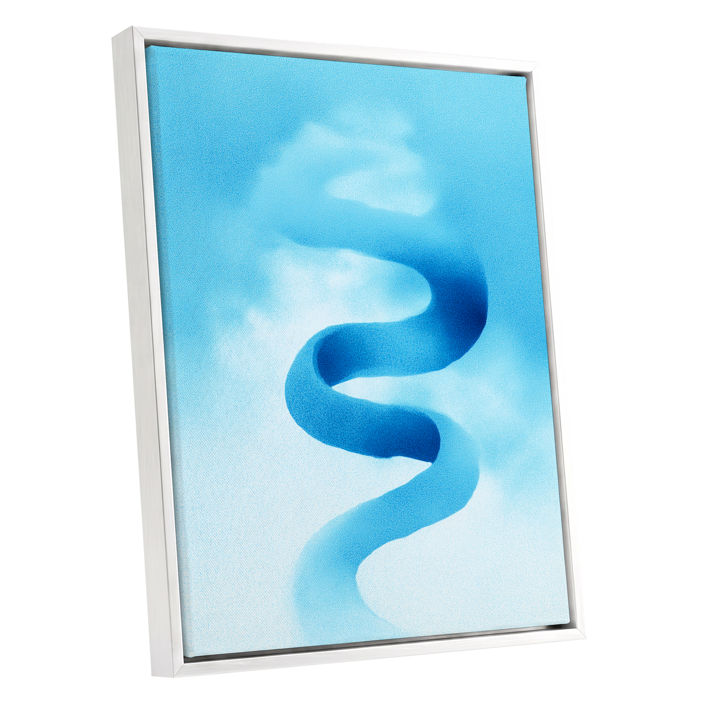 Azure Drift, blue, white, black abstract wall art shown as a white framed canvas wall art