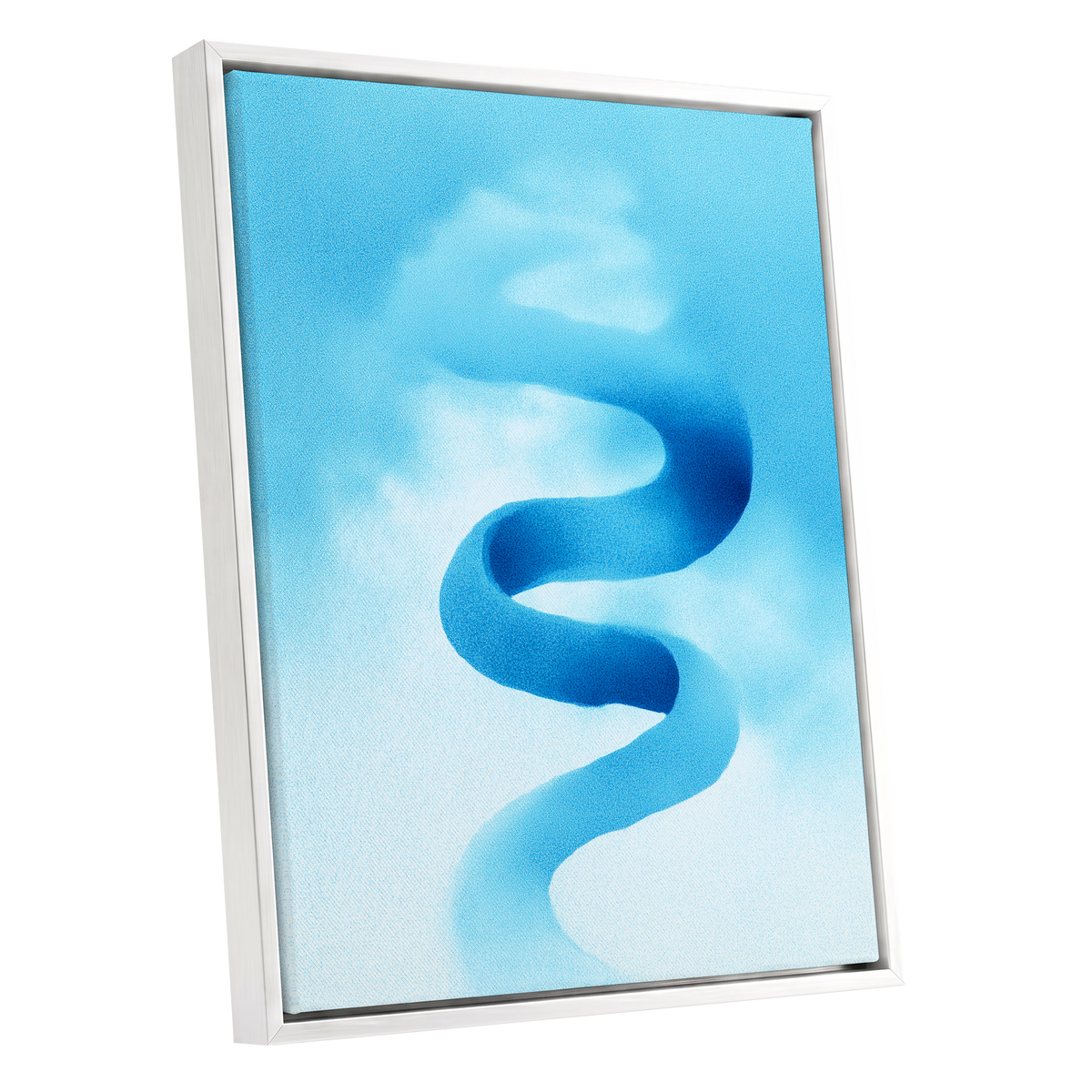 Azure Drift, blue, white, black abstract wall art shown as a white framed canvas wall art