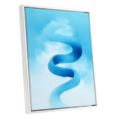 Azure Drift, blue, white, black abstract wall art shown as a white framed canvas wall art