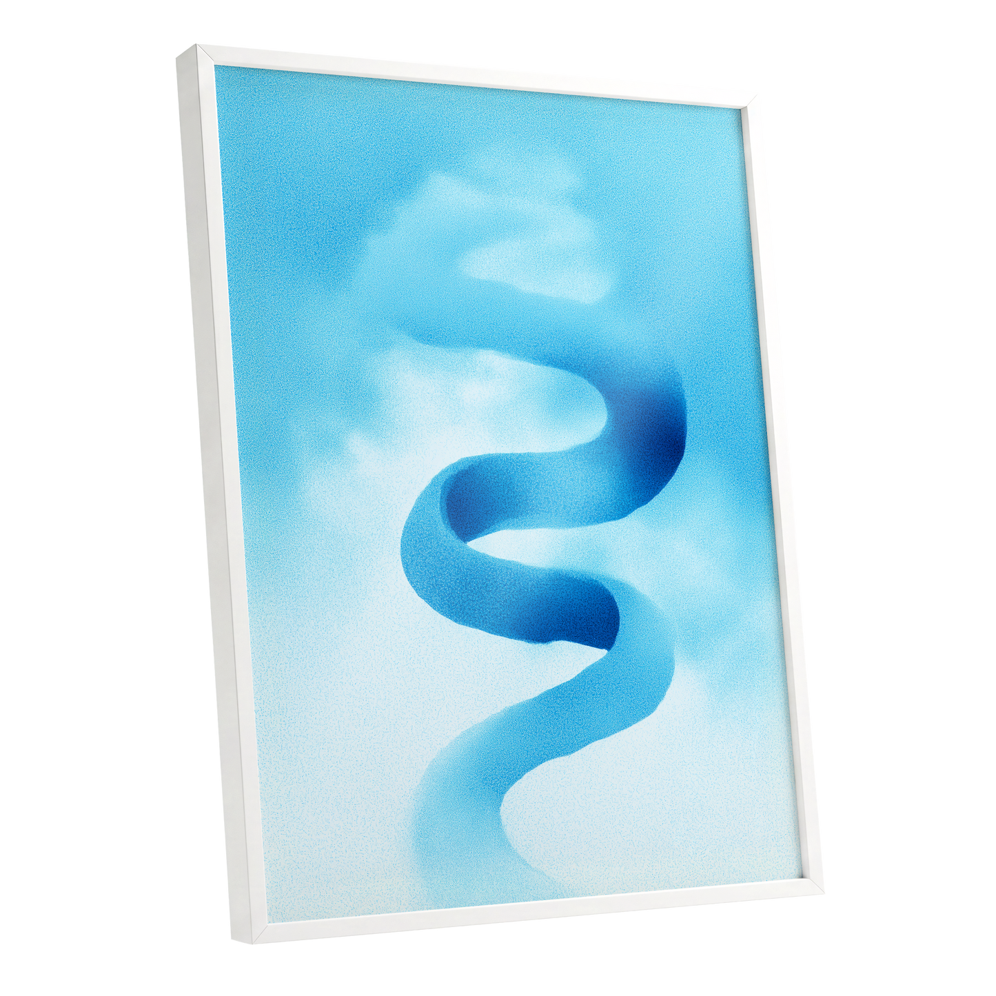 Azure Drift, blue, white, black abstract wall art shown as a white framed poster wall art print