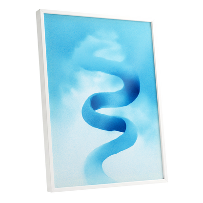 Azure Drift, blue, white, black abstract wall art shown as a white framed poster wall art print