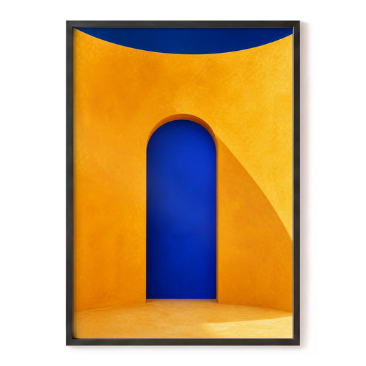 Azure Portal, orange, blue, gold minimalist wall art, front artwork view