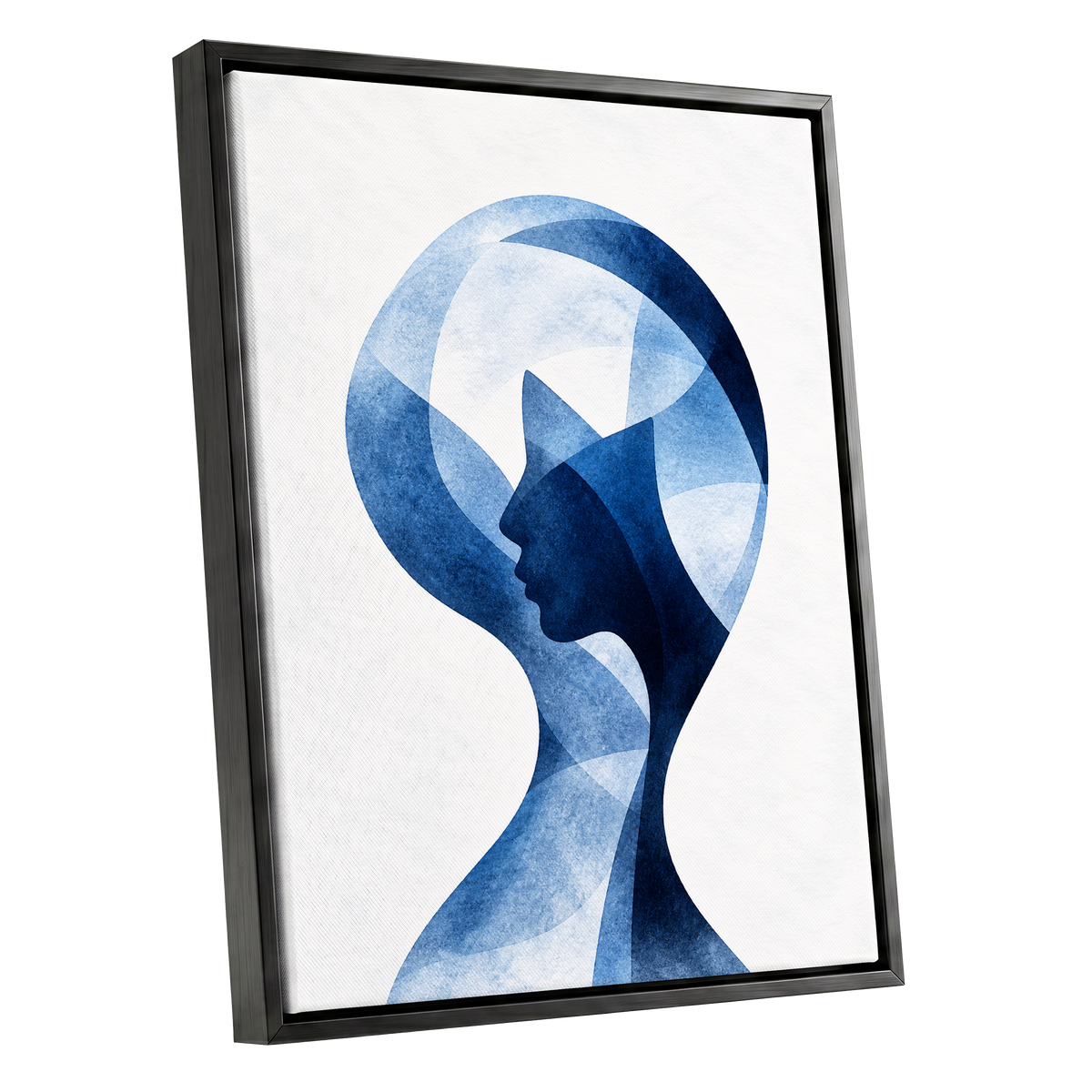 Azure Reverie, blue, white, black abstract wall art shown as a black framed canvas wall art