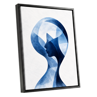 Azure Reverie, blue, white, black abstract wall art shown as a black framed canvas wall art