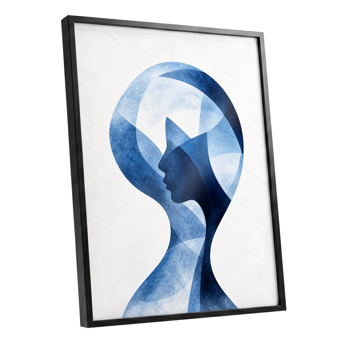 Azure Reverie, blue, white, black abstract wall art shown as a black framed poster wall art print