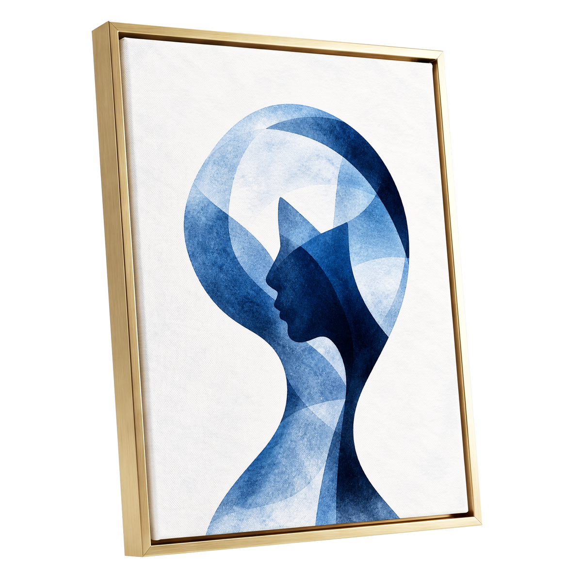 Azure Reverie, blue, white, black abstract wall art shown as a gold framed canvas wall art