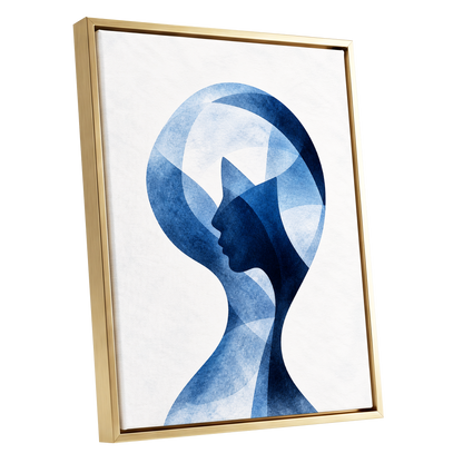 Azure Reverie, blue, white, black abstract wall art shown as a gold framed canvas wall art