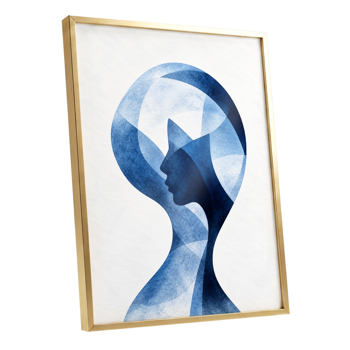 Azure Reverie, blue, white, black abstract wall art shown as a gold framed poster wall art print