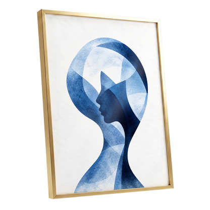 Azure Reverie, blue, white, black abstract wall art shown as a gold framed poster wall art print