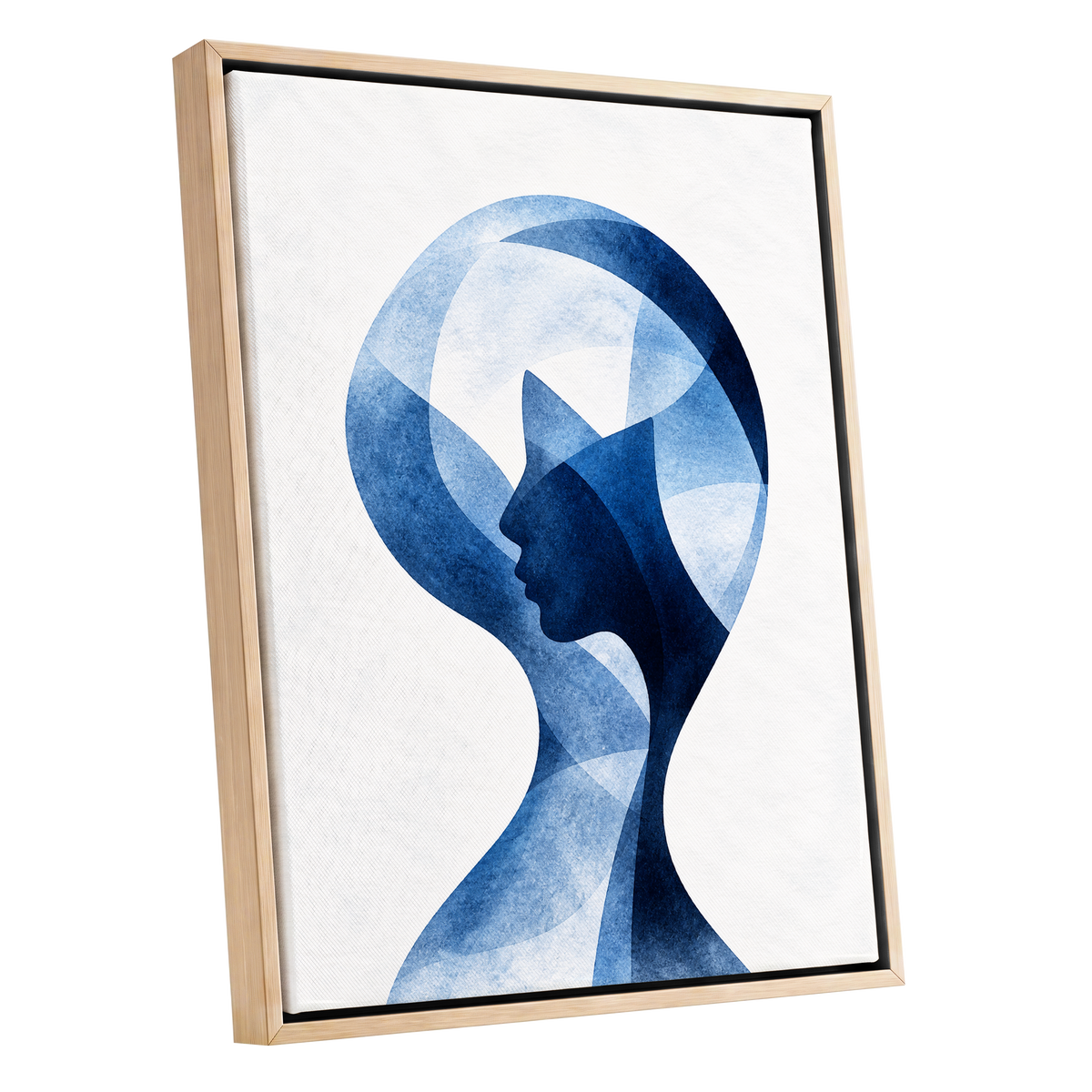 Azure Reverie, blue, white, black abstract wall art shown as a oak framed canvas wall art