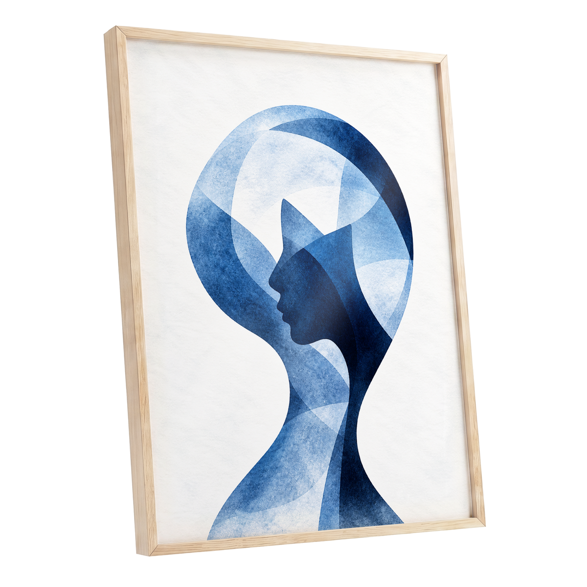 Azure Reverie, blue, white, black abstract wall art shown as a oak framed poster wall art print