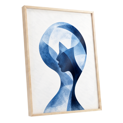 Azure Reverie, blue, white, black abstract wall art shown as a oak framed poster wall art print