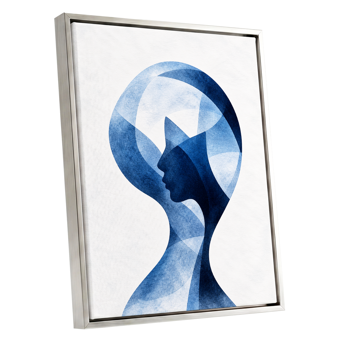 Azure Reverie, blue, white, black abstract wall art shown as a silver framed canvas wall art