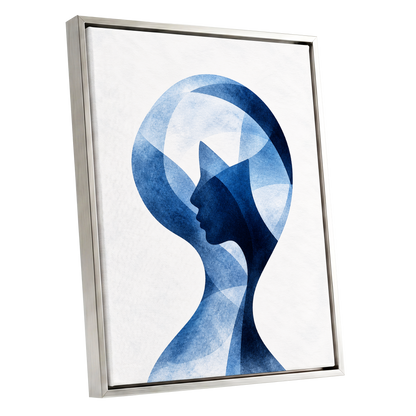 Azure Reverie, blue, white, black abstract wall art shown as a silver framed canvas wall art