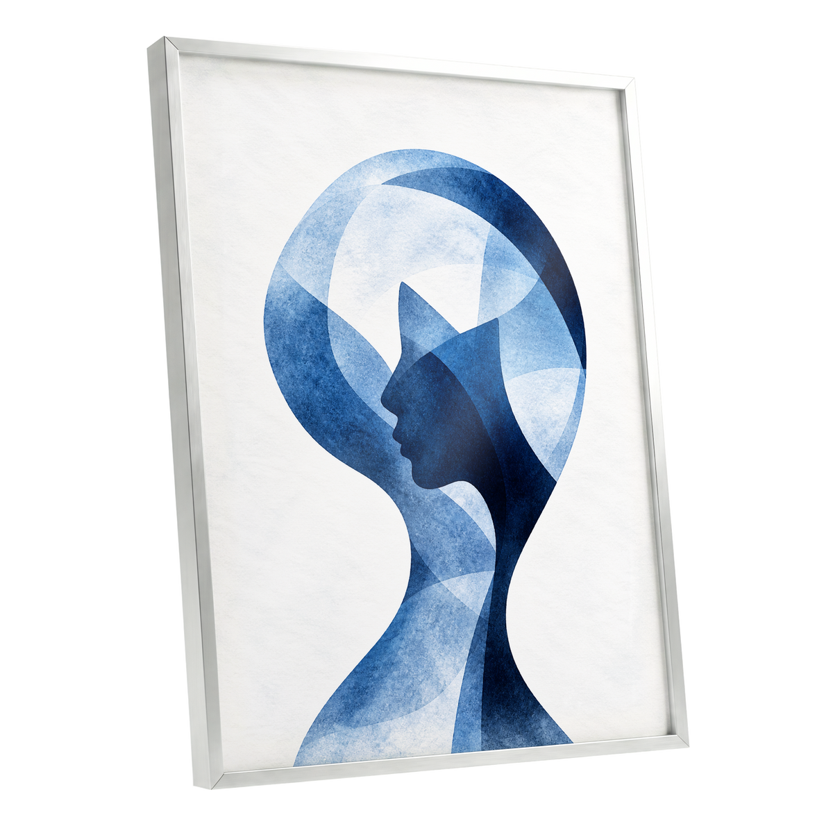 Azure Reverie, blue, white, black abstract wall art shown as a silver framed poster wall art print