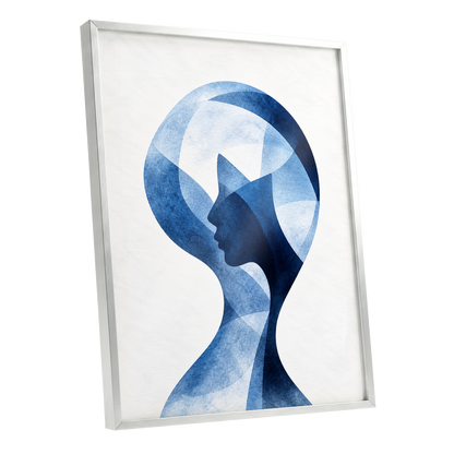 Azure Reverie, blue, white, black abstract wall art shown as a silver framed poster wall art print