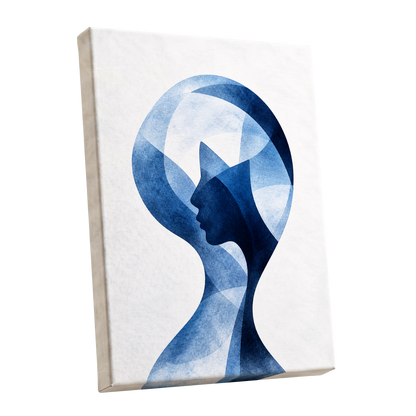 Azure Reverie, blue, white, black abstract wall art shown as a stretched canvas wall art