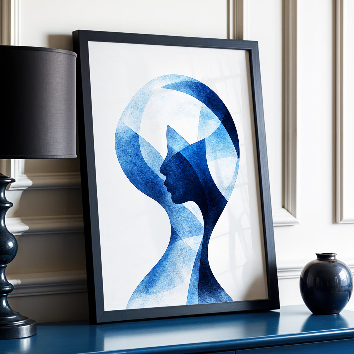 Azure Reverie, blue, white, black abstract wall art displayed in a styled interior, gallery view 2