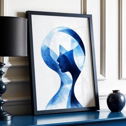 Azure Reverie, blue, white, black abstract wall art displayed in a styled interior, gallery view 2