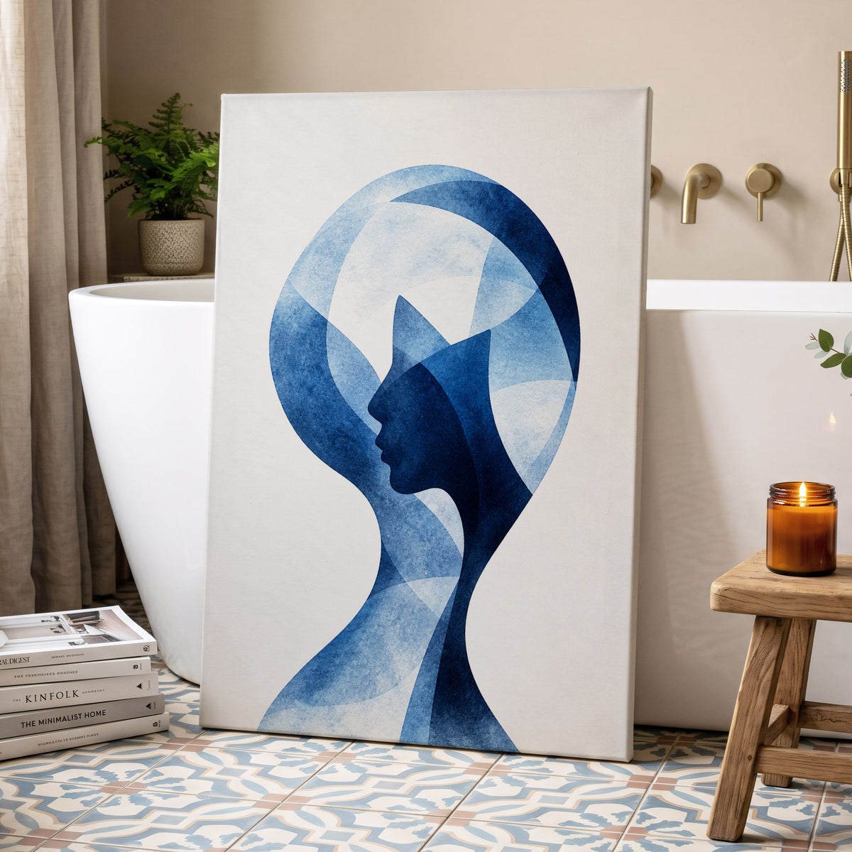 Azure Reverie, blue, white, black abstract wall art displayed in a styled interior, gallery view 3