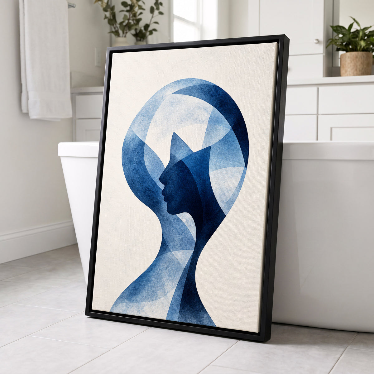 Azure Reverie, blue, white, black abstract wall art displayed in a styled interior, gallery view 4