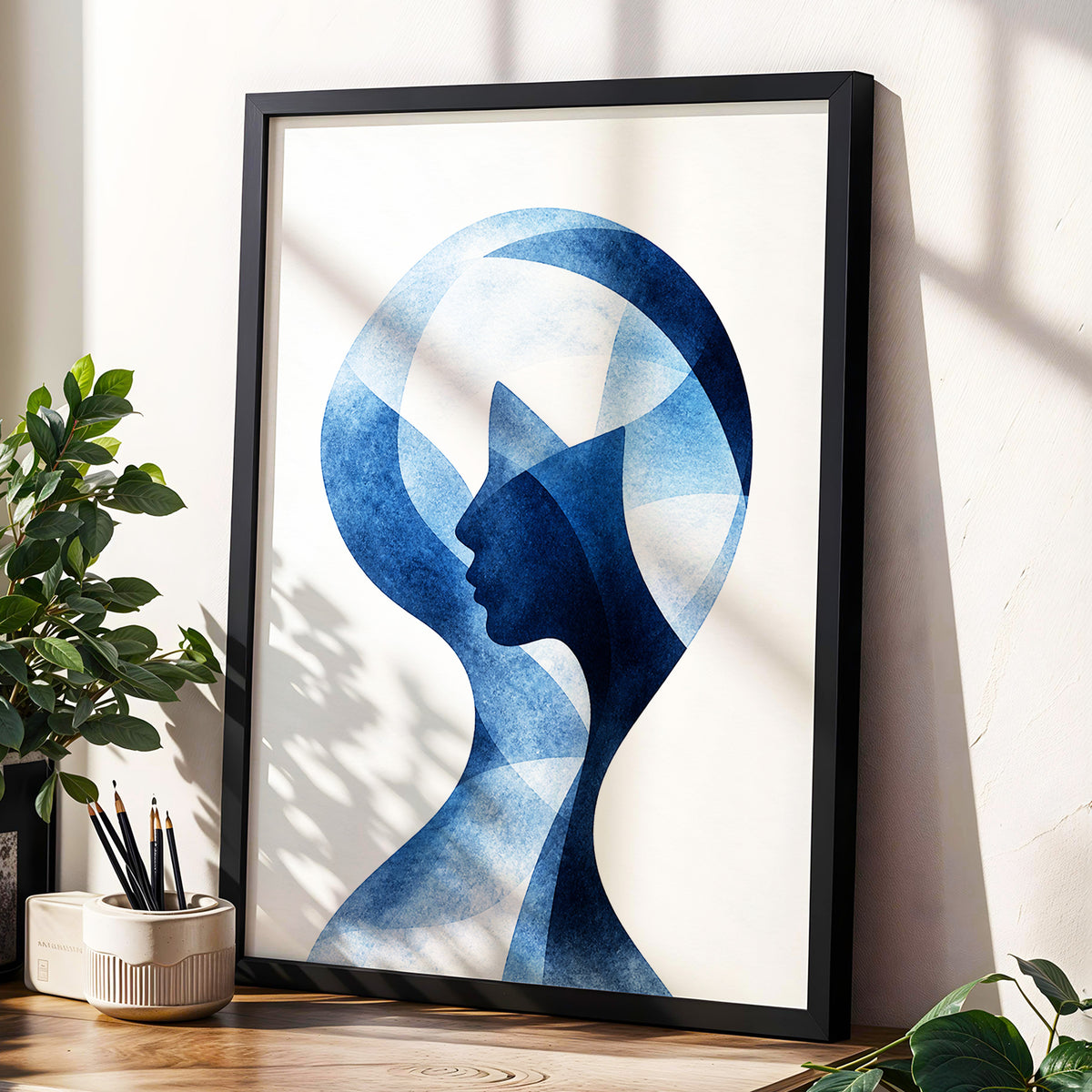 Azure Reverie, blue, white, black abstract wall art displayed in a styled interior, gallery view 6