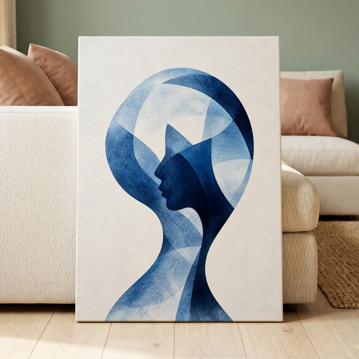 Azure Reverie, blue, white, black abstract wall art displayed in a styled interior, gallery view 7