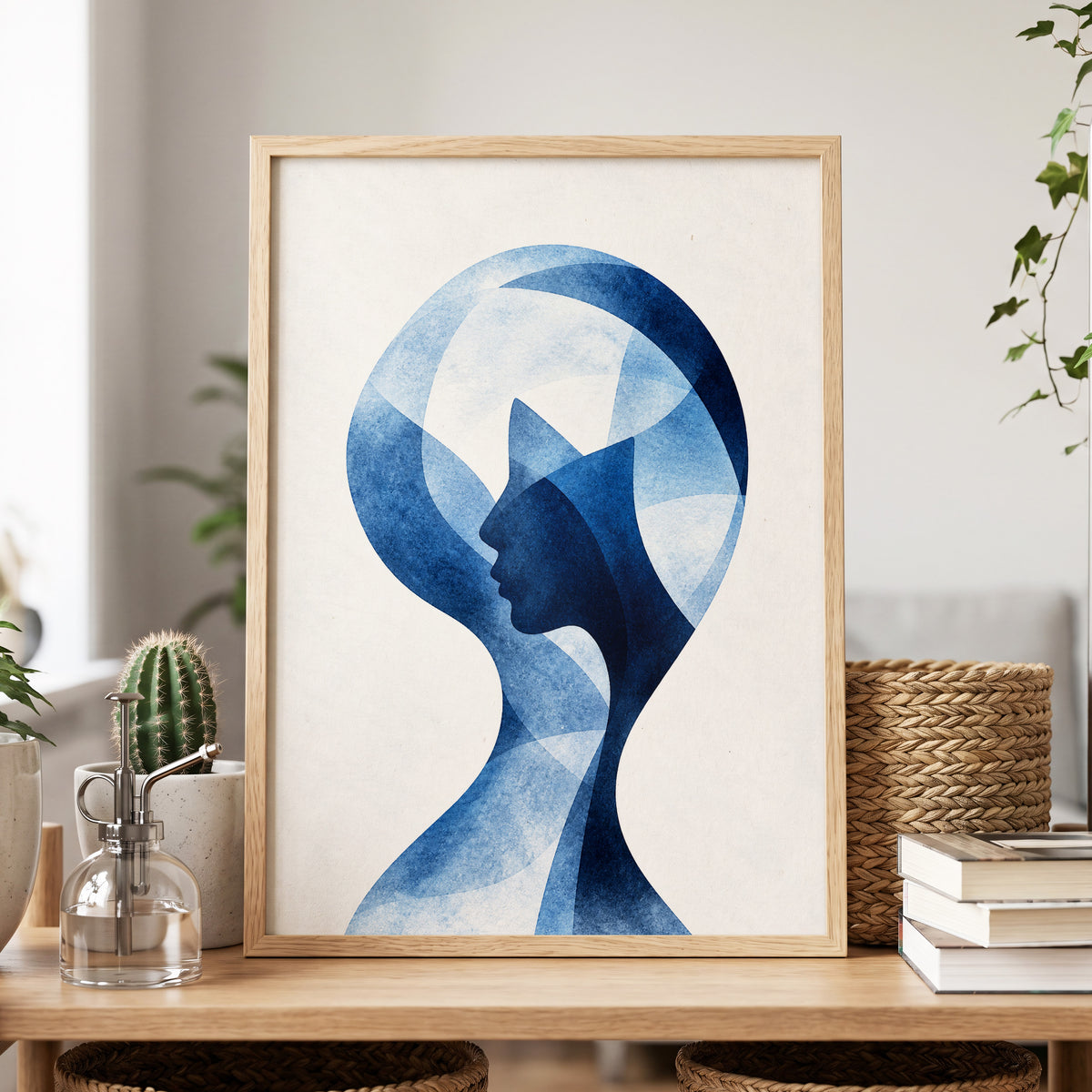 Azure Reverie, blue, white, black abstract wall art displayed in a styled interior, gallery view 9