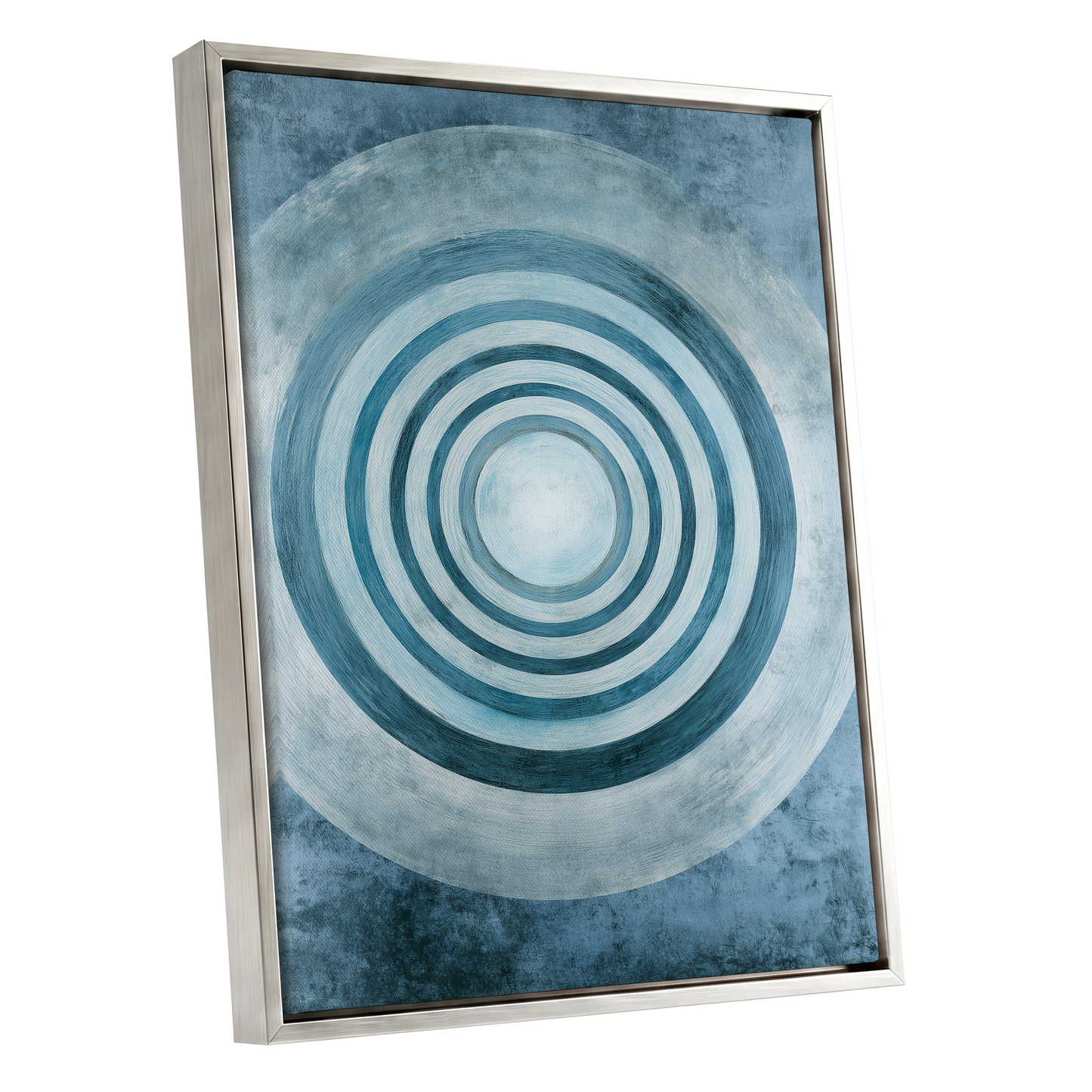 Azure Ringfield, blue, white, gray abstract wall art shown as a silver framed canvas wall art