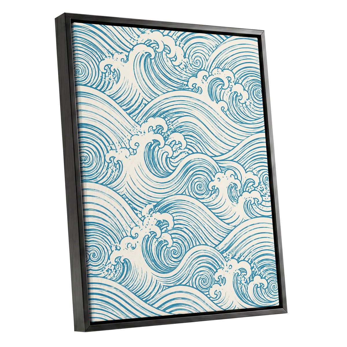 Azure Tide Rhythm, blue, beige, white nature wall art shown as a black framed canvas wall art