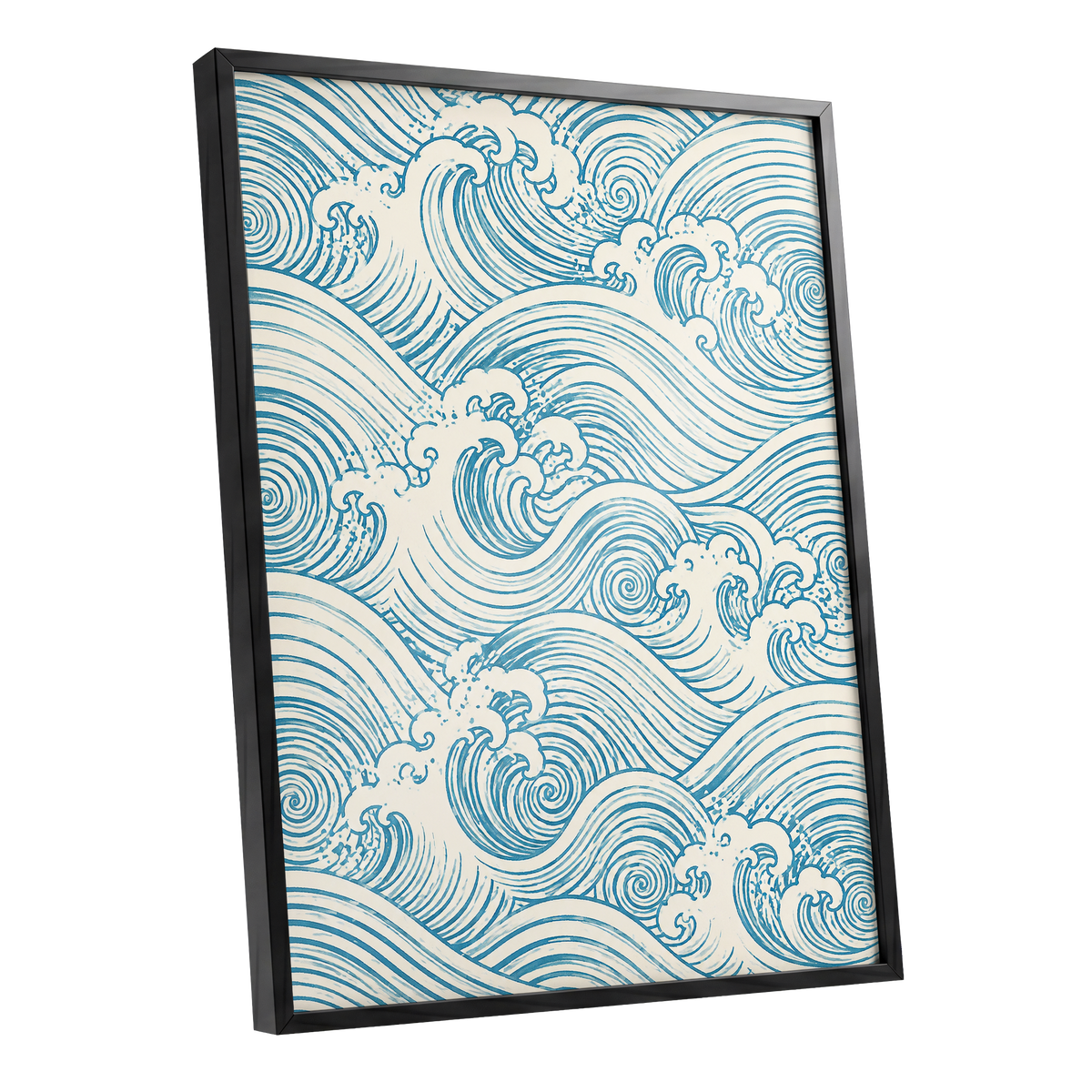 Azure Tide Rhythm, blue, beige, white nature wall art shown as a black framed poster wall art print