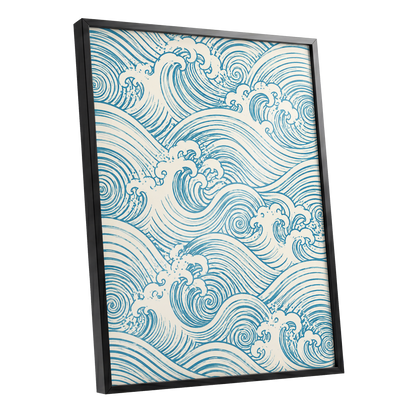 Azure Tide Rhythm, blue, beige, white nature wall art shown as a black framed poster wall art print