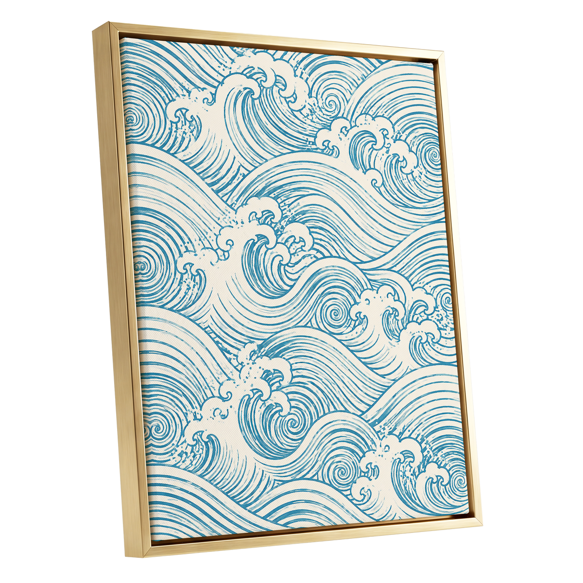 Azure Tide Rhythm, blue, beige, white nature wall art shown as a gold framed canvas wall art