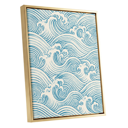 Azure Tide Rhythm, blue, beige, white nature wall art shown as a gold framed canvas wall art