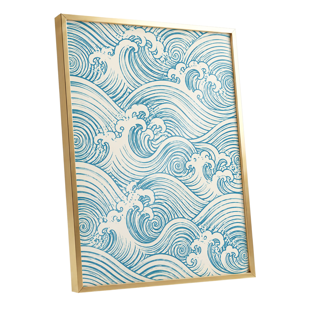 Azure Tide Rhythm, blue, beige, white nature wall art shown as a gold framed poster wall art print