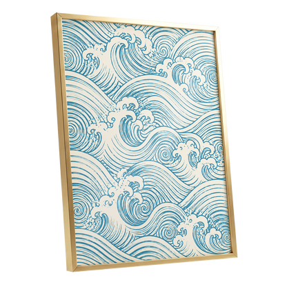 Azure Tide Rhythm, blue, beige, white nature wall art shown as a gold framed poster wall art print