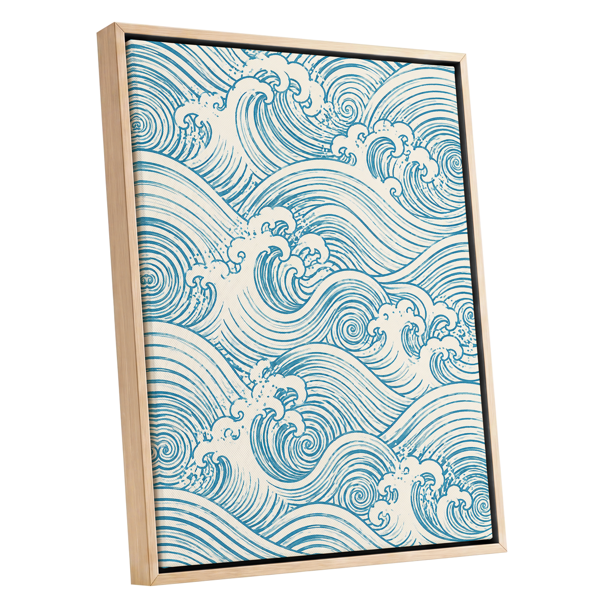 Azure Tide Rhythm, blue, beige, white nature wall art shown as a oak framed canvas wall art