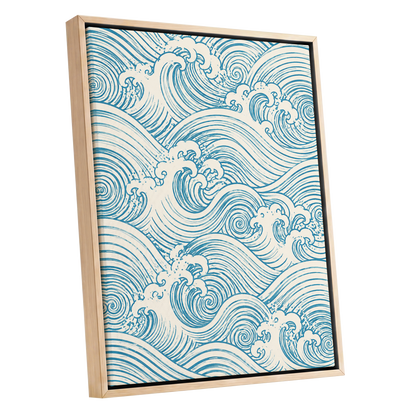 Azure Tide Rhythm, blue, beige, white nature wall art shown as a oak framed canvas wall art