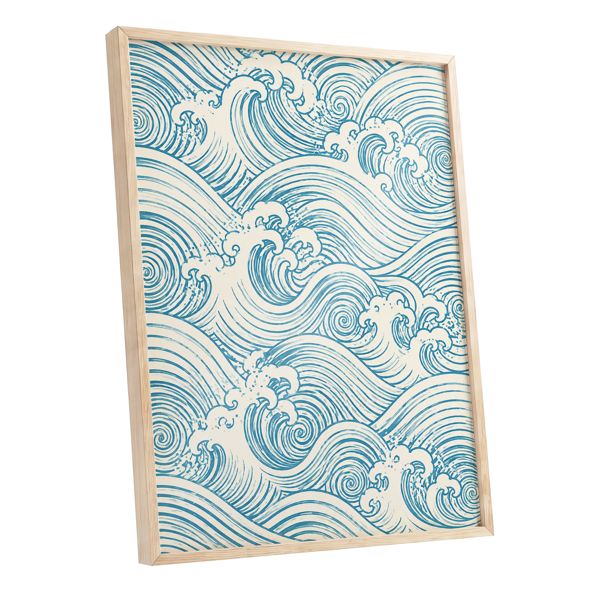 Azure Tide Rhythm, blue, beige, white nature wall art shown as a oak framed poster wall art print