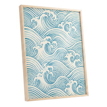 Azure Tide Rhythm, blue, beige, white nature wall art shown as a oak framed poster wall art print