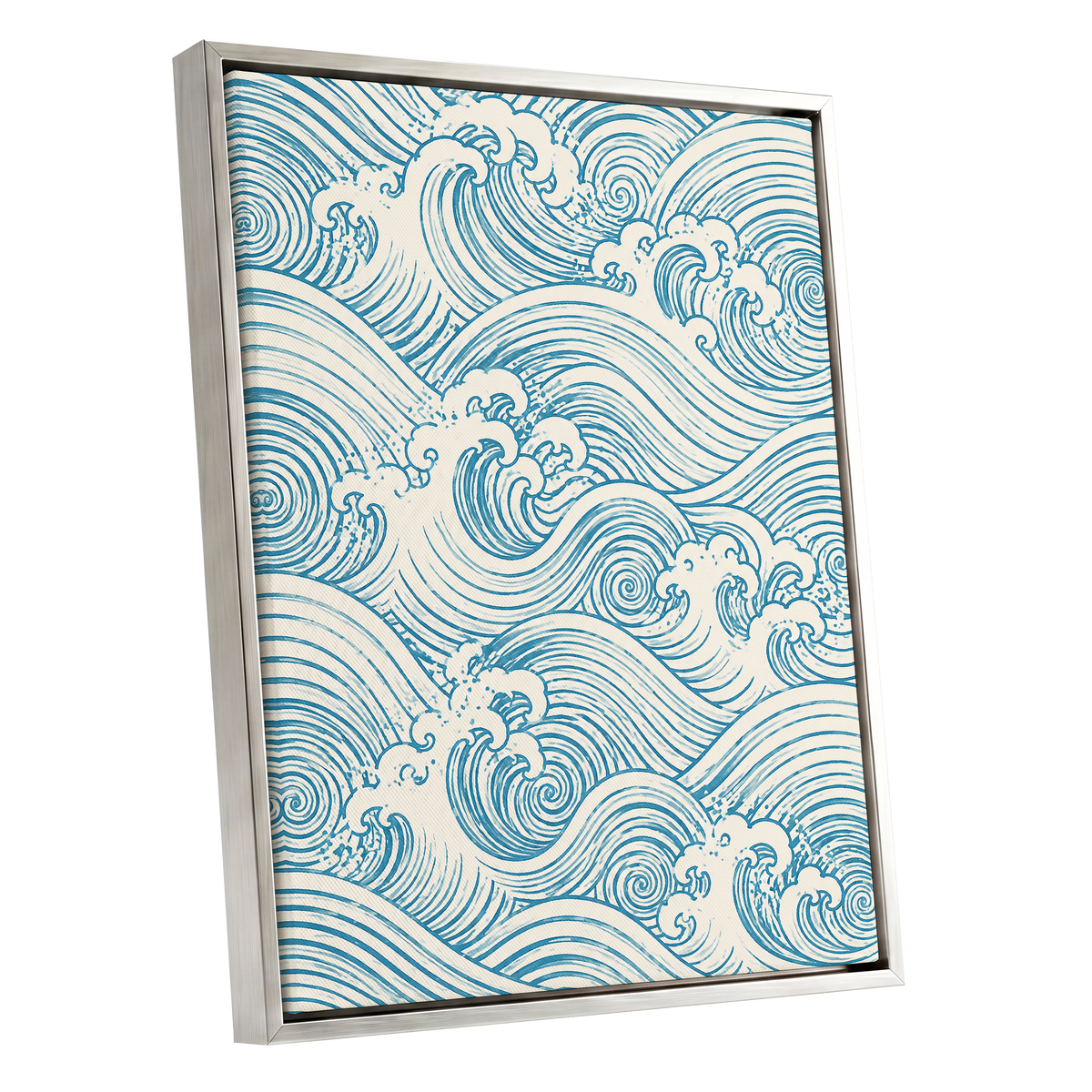 Azure Tide Rhythm, blue, beige, white nature wall art shown as a silver framed canvas wall art